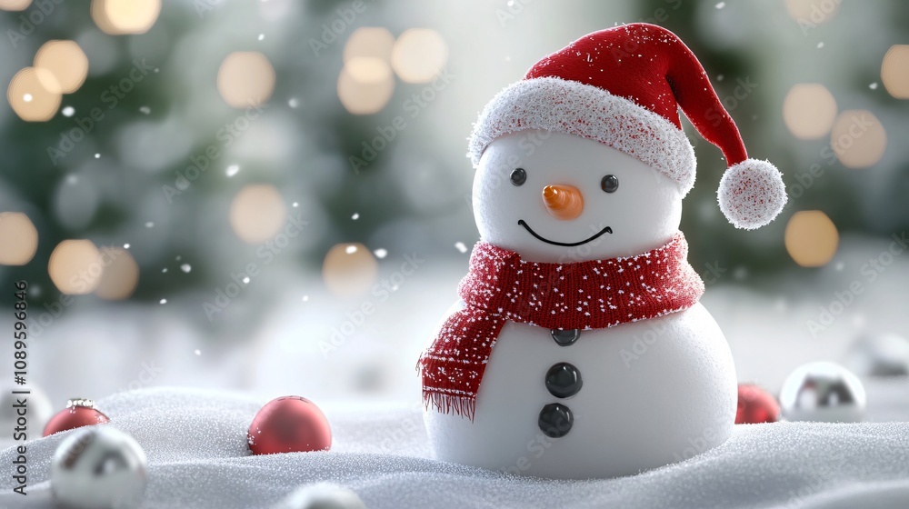 Poster cheerful snowman adorned with a red scarf and hat in a snowy setting. generative ai.