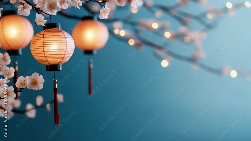 Poster chinese paper tetin flashlight with a flowering tree branch on a background with copy space. cherry 