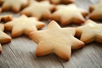 Star-shaped cookies with golden glitter on wooden surface.