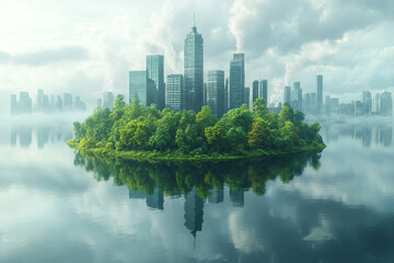 an island with dense green vegetation located in the middle of a quiet body of water. 