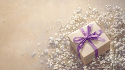 Gift box with purple ribbon surrounded by small white gypsophila flowers generative ai