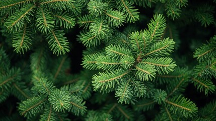 Close-up View of Evergreen Tree Branches with Lush Green Foliage