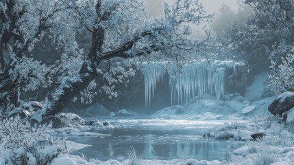 Tranquil Winter Landscape with Frozen Waterfall and Snowy Trees in a Serene Forest Setting, Capturing the Beauty of Nature in a Cold Climate