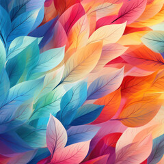 Fototapeta premium An abstract pattern of leaves in bright, saturated colors: blue, orange, pink and red. 