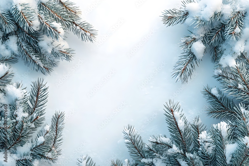 Poster pine branches covered in snow create a wintery frame. generative ai.