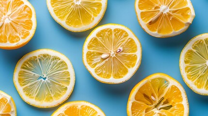Obraz premium A vibrant arrangement of sliced lemons on a blue background, showcasing their juicy texture and fresh appearance.