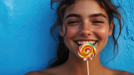 A woman holds a colorful lollipop in front of her face, concealing her features