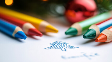 Crayons and holiday-themed artwork