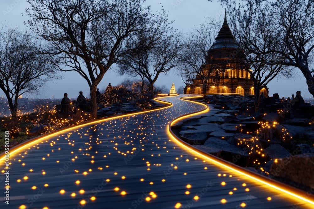 Poster a dynamic 3d rendering of bangkok futuristic streets blending into ayutthaya historic ruins with glo