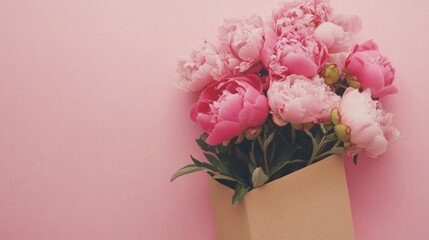 Mixed pink peonies in a beige envelope on pastel pink background, luxurious and beautiful, generative ai