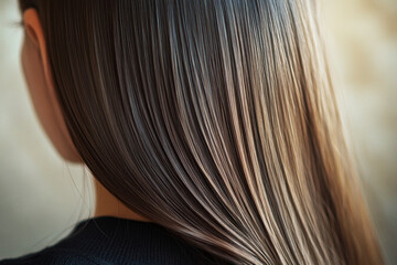 Fototapeta premium A close-up of a girl’s head from behind, showcasing smooth, straight hair that falls down her back. Subtle highlights emphasize the sleek texture in a minimalist style