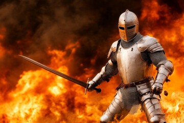 Naklejka premium A medieval knight holding swords akimbo, their armor gleaming in the light of a burning battlefield