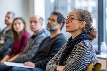 A minimalist stock photo showcasing a diverse group of adults attentively participating in a workshop or seminar. The image emphasizes diversity, education, and collaboration