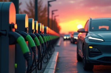 Electric vehicles lined up for charging at sunset with vibrant colors illuminating the sky