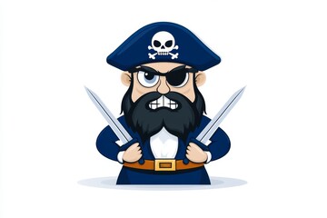 Obraz premium A playful flat 2D illustration of a pirate holding swords akimbo, with bold, simple colors on a white backdrop