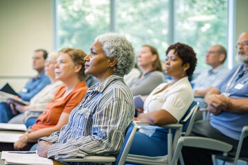 Fototapeta na wymiar A minimalist stock photo showcasing a diverse group of adults attentively participating in a workshop or seminar. The image emphasizes diversity, education, and collaboration
