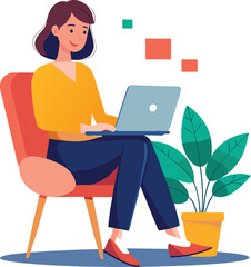 a girl is using his laptop vector