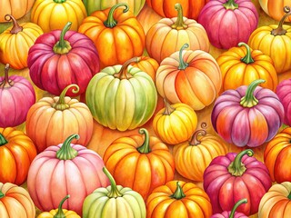 Fall into a cozy autumn with this seamless pattern featuring hand-drawn watercolor pumpkins.