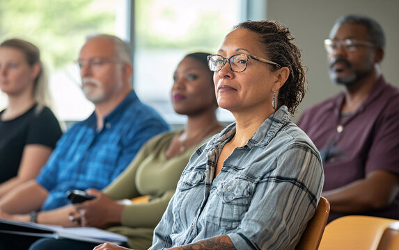 A minimalist stock photo showcasing a diverse group of adults attentively participating in a workshop or seminar. The image emphasizes diversity, education, and collaboration - Powered by Adobe
