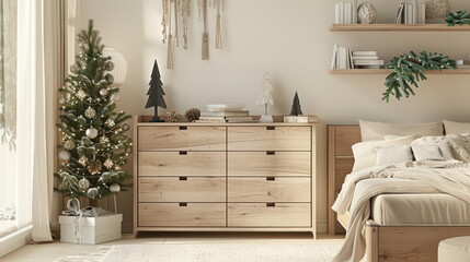 interior of bedroom with christmas tree