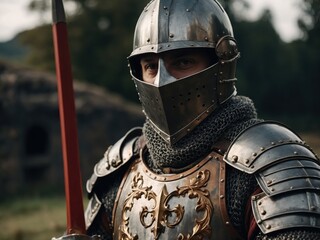 Closeup of a medieval knight in full armor with intricate details and a stoic expression