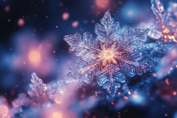 close-up of a detailed snowflake against a soft, washed-out light. 