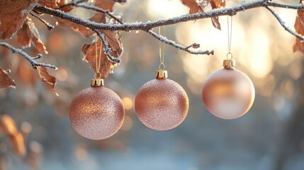 Obraz premium Rose Gold Ornaments Hanging On A Frosty Winter Branch