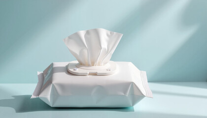 White pack of wet wipes with an open lid against a blue background with soft shadows