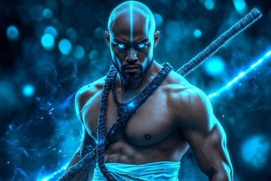 A warrior monk holding staffs akimbo, preparing to defend a sacred temple in a mystical forest