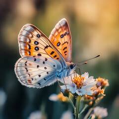 Obraz premium Beautiful butterfly perched on vibrant wildflower in soft sunlight