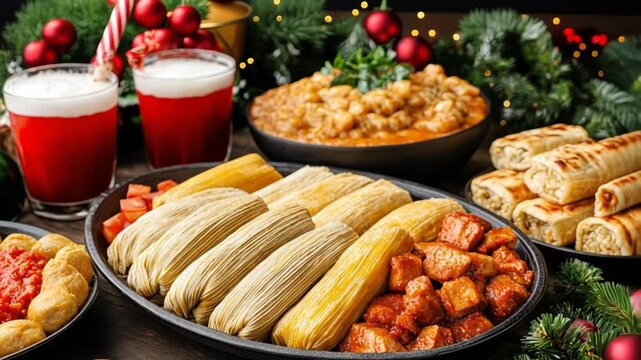 A festive Mexican holiday meal featuring tamales, menudo, and ponche, perfect for Christmas celebrations