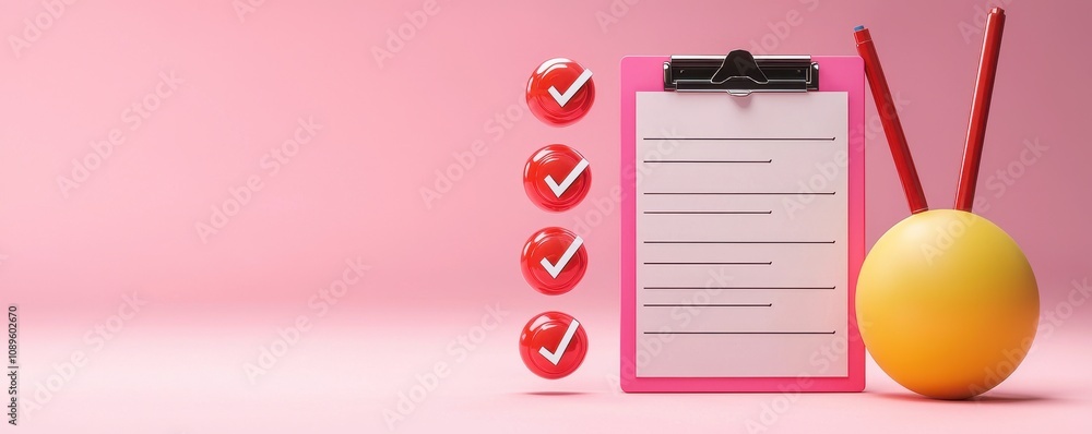 Poster fintech regtech concept. colorful checklist and playful elements on a pink background creating a vib