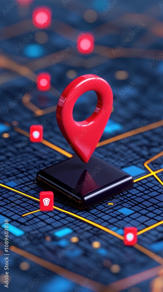 Poster real-time digital logistics supply chain concept. 3d map pin on a digital background with location m