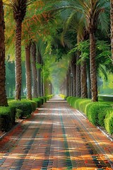 Fototapeta premium A beautiful walkway in a park lined with refreshing trees along the way