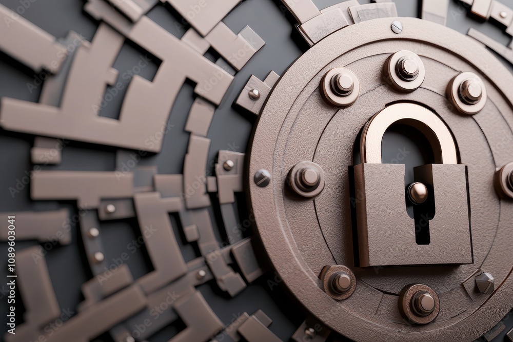 Poster mitigating security risks and threats concepts. close-up of a metallic lock on an intricate safe doo