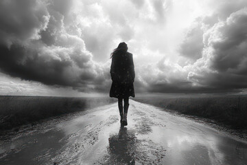 Obraz premium A black and white photograph depicting a solitary figure walking along a deserted road under a stormy sky. 
