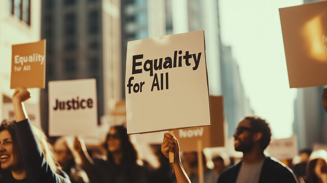 Protesters holding signs for equality and justice.