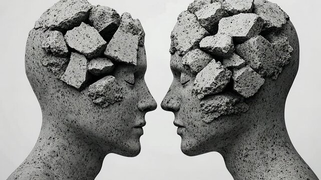 Two stone sculptures with cracked heads facing each other symbolize communication and relationship challenges
