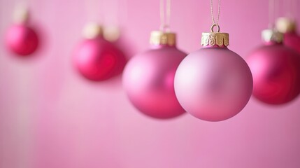 Fototapeta premium A string of pink ornaments suspended from above, perfect for festive decoration or as an illustration in holiday-themed articles