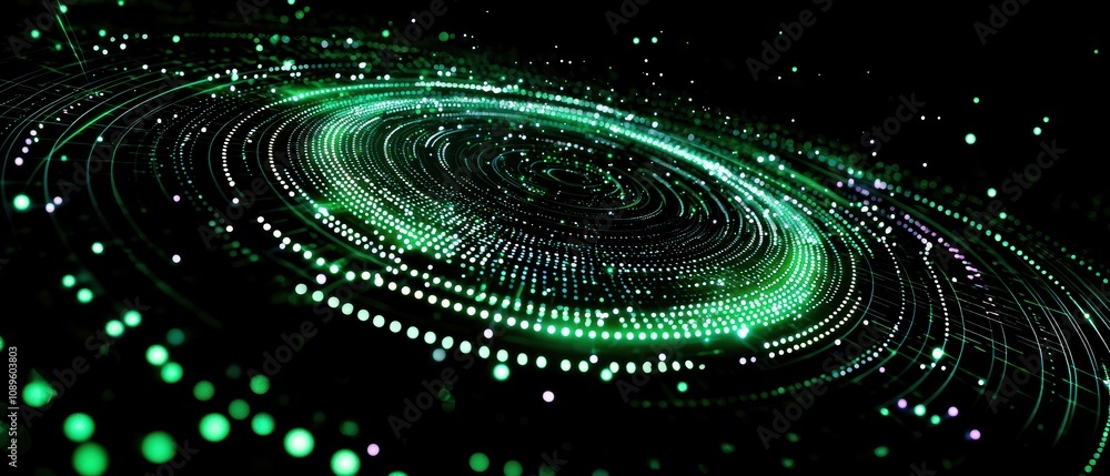 Poster a captivating abstract illustration of swirling green particles representing digital movement and in