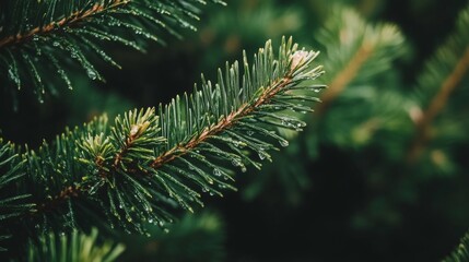 Dewdrops adorn a pine branch needles green nature