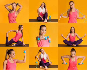 A young woman performs different workouts, including stretches and weightlifting, in a vibrant...