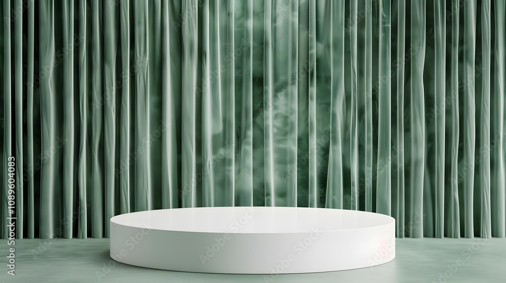 Aufkleber minimalist display space with circular podium and elegant green drapery, ideal for product showcases