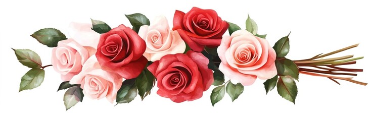 Naklejka premium A beautiful bouquet of red and pink roses with green leaves on a white background