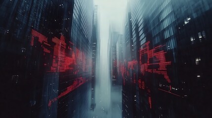 Double exposure of skyscrapers and stock market graphs