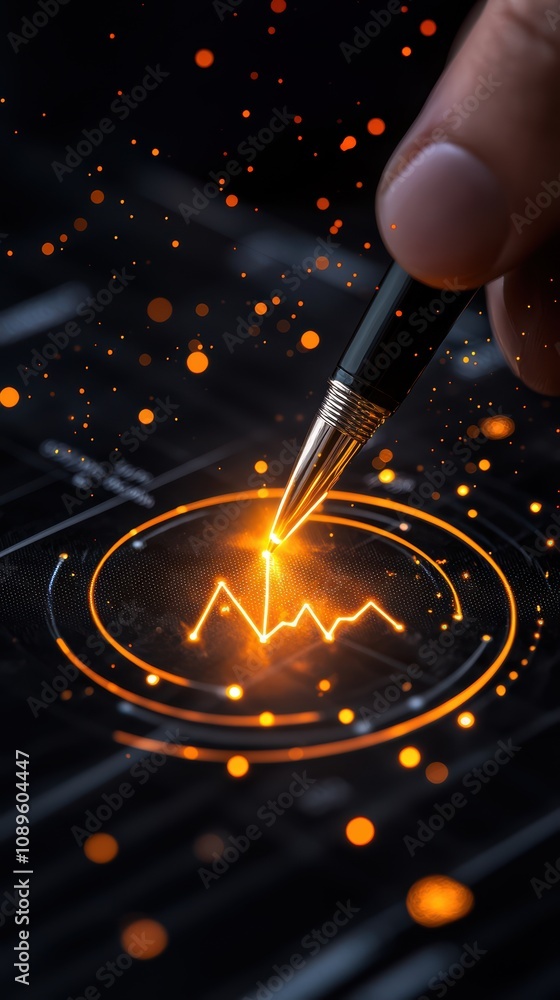 Poster a close-up view of a hand holding a pen, drawing on a digital interface with glowing elements and wa