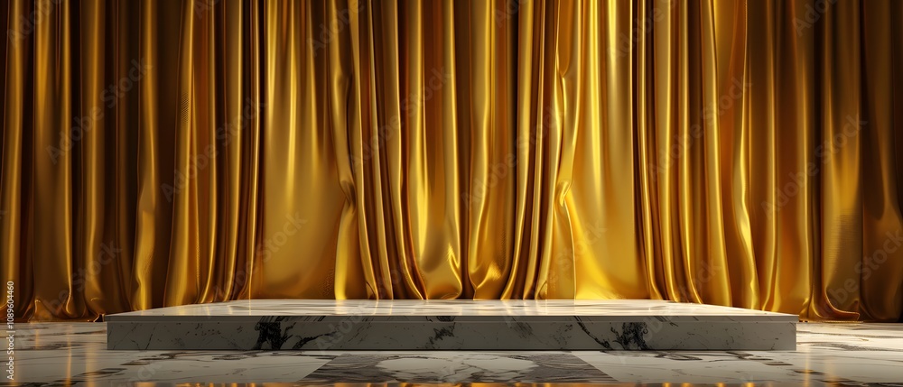 Poster elegant golden curtains draped in a luxurious theatrical setting with a marble stage base ready for 