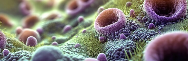 A close-up of a microscopic organism, showing bacteria and vase-shaped structures
