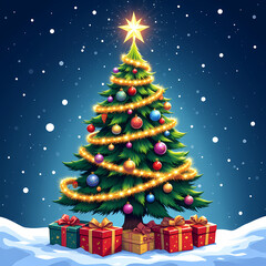 Grand Christmas Tree Decorated with Ornaments and Gifts, Vector Art with Snowy Background