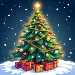 Grand Christmas Tree Decorated with Ornaments and Gifts, Vector Art with Snowy Background